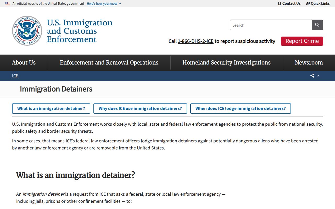 Official ICE immigration detainer guidance explaining a transfer request