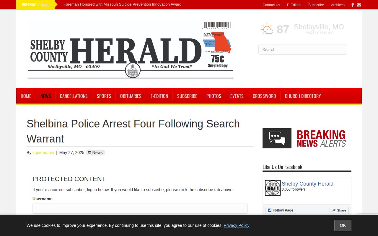 Shelbina Police arrest report identifying Shelby County Jail custody