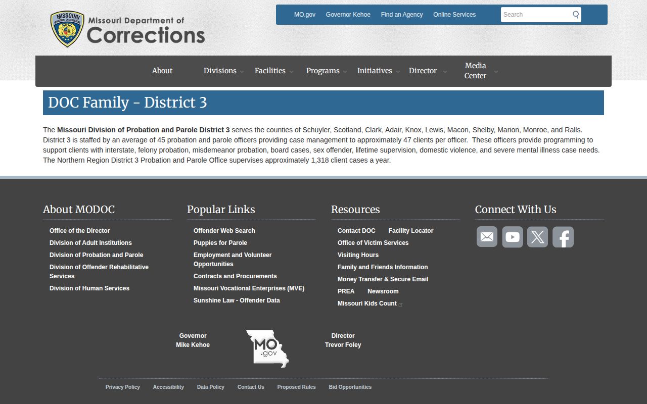 Missouri Department of Corrections District 3 profile showing Shelby County coverage
