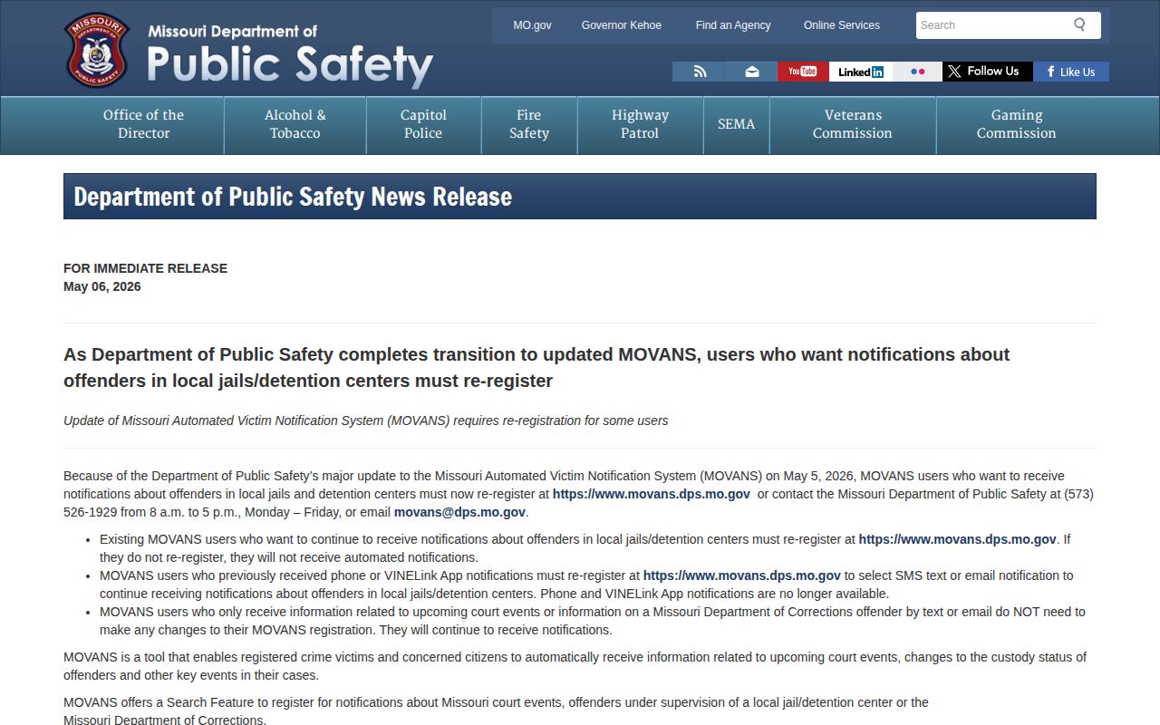 Missouri notice changing Shelby County local custody alerts from VINELink to MOVANS